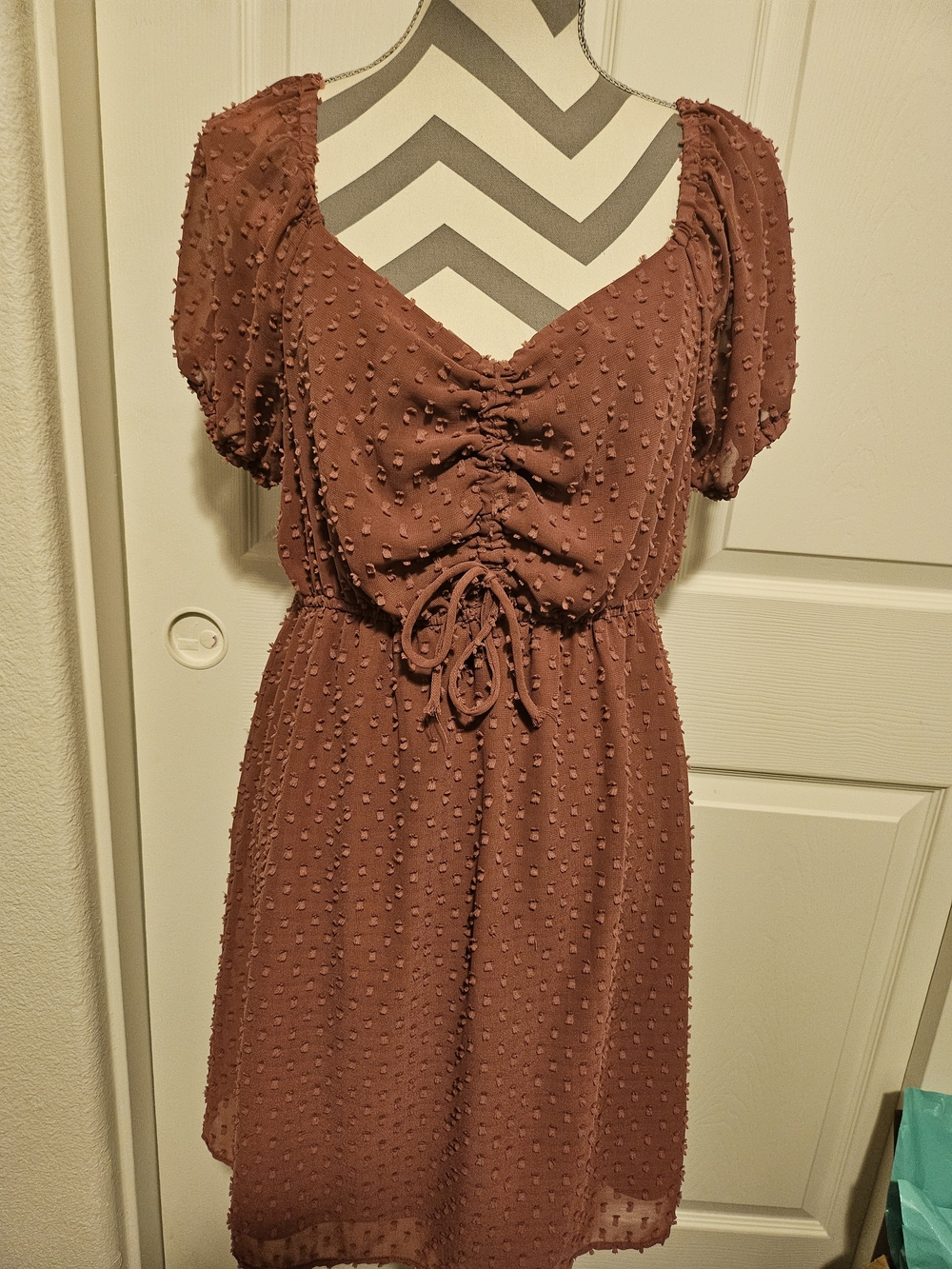 Mimi Chica Rust Textured Dot Drawstring Mini Dress